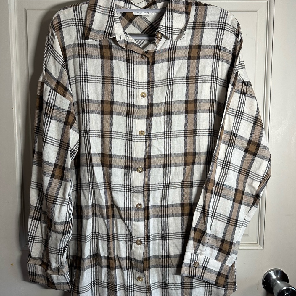Blu Pepper Plaid Button Up Long Sleeve Shirt Brown White Women's Medium Fall